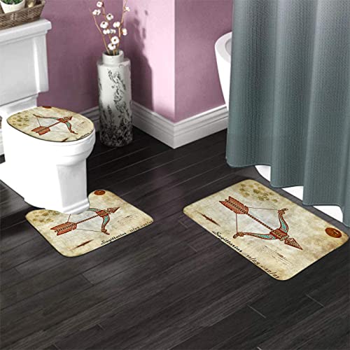 Badezimmerteppich-Set, 3-teilig, Boho-Stil, Schütze und Symbole, Vintage-Muster, digital, waschbare Badteppiche, rutschfest, mit Rückenpolster, Konturteppich und Toilettendeckelbezug – Bild 4