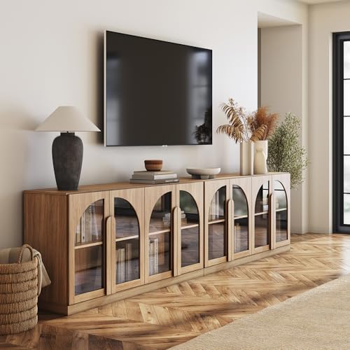 Image of BELLEZE Set of 2 Bijou 64 inch Modern Buffet Sideboard, Mid-Century Arched Glass Door Cabinet, Wood Grain Console for Living Room, Kitchen, Entryway - Camel