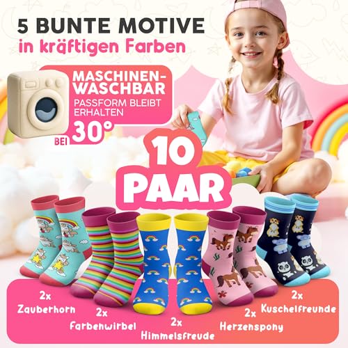 Zauberbande Kindersocken Mädchen - 10 Paar / 31-34 - Socken Kinder Mädchen, aus Baumwolle mit bunten Motiven, atmungsaktiv - Kinder Socken für Schule, Freizeit & Sport - OEKO-TEX Standard 100