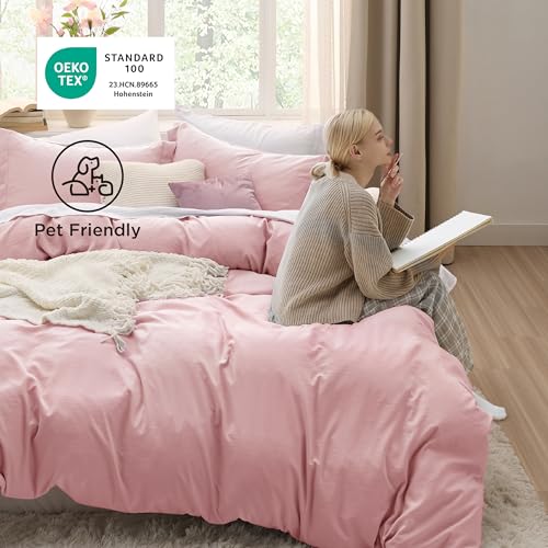 Image of Bedsure Pink Duvet Cover Full Size - 3 Pieces Prewashed Extra Soft Cotton-Like Polyester Bedding Set, Includes 1 Duvet Cover 80x90 Inches with Zipper Closure & 2 Pillow Shams, Comforter Not Included