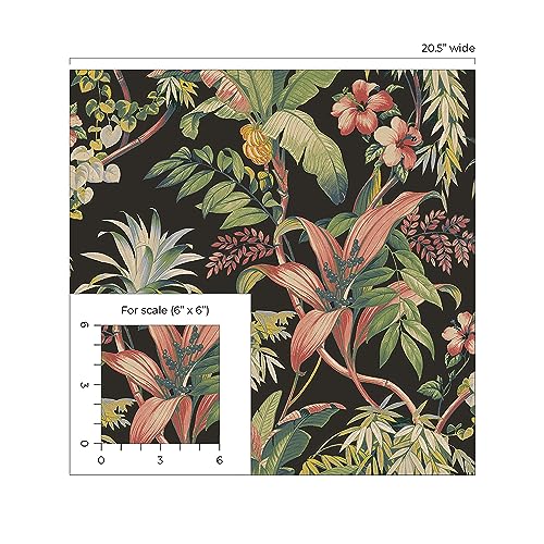 Image of Tommy Bahama - Peel and Stick Designer Wallpaper, Premium Botanical Wallpaper for Bedroom, Powder Room, Kitchen, Self Adhesive, Vinyl, 30.75 Sq Ft Coverage (Malay Botanic Collection, Ebony)