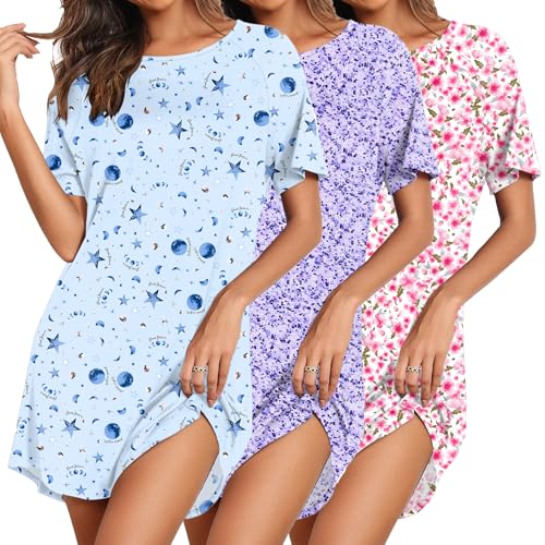 Image of Ekouaer Nightgowns for Women 3 Pack Sleep Shirts Short Sleeve Nightshirt Pullover Nightdress Soft Sleepwear
