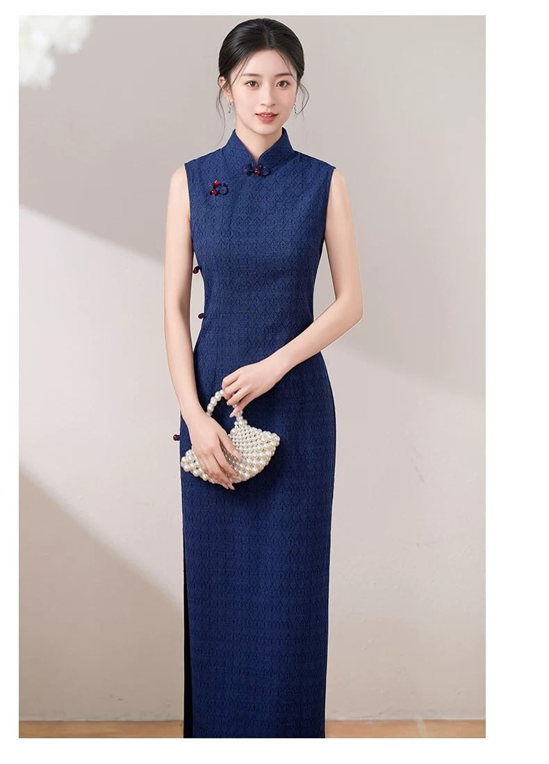 purpleq Abito Cheongsam Cinese Tradizionale Vintage Jacquard Slim Fit Senza Maniche Collo Mandarin Elegante Qipao per Feste