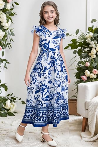 Girl's Dress Summer Boho Floral Flutter Sleeve Party Casual A Line Vacation Maxi Dress 9-14 Years3