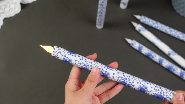 Lot De 6 Bougies Chinoiserie Sans Flamme Bleues Et Blanches De 25