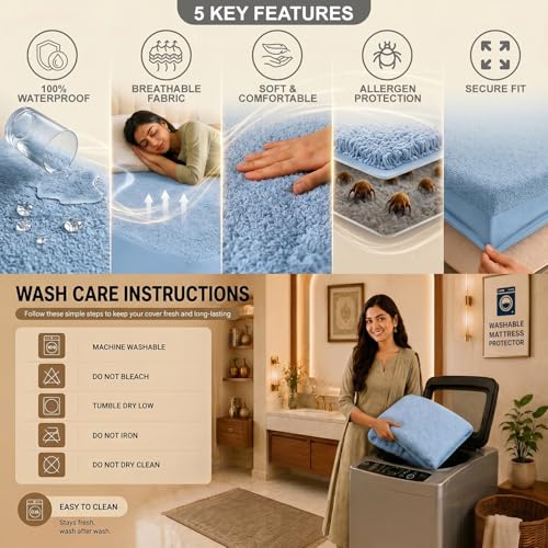 Image of Glassiano Cotton Feel Terry Ultra Soft Waterproof Mattress Protector | Breathable - Hypoallergenic Mattresses Cover with Elastic Strap for Queen Bed (84x66 inch|7x5.5 feet, Blue - Pack of 1)