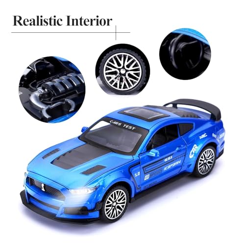 Image of 1:32 Mustang GT500 Diecast Metal Pullback Toy car with Openable Doors & Light, Music Boys car for Kids Best Toys Gifts Toys for Kids-Blue