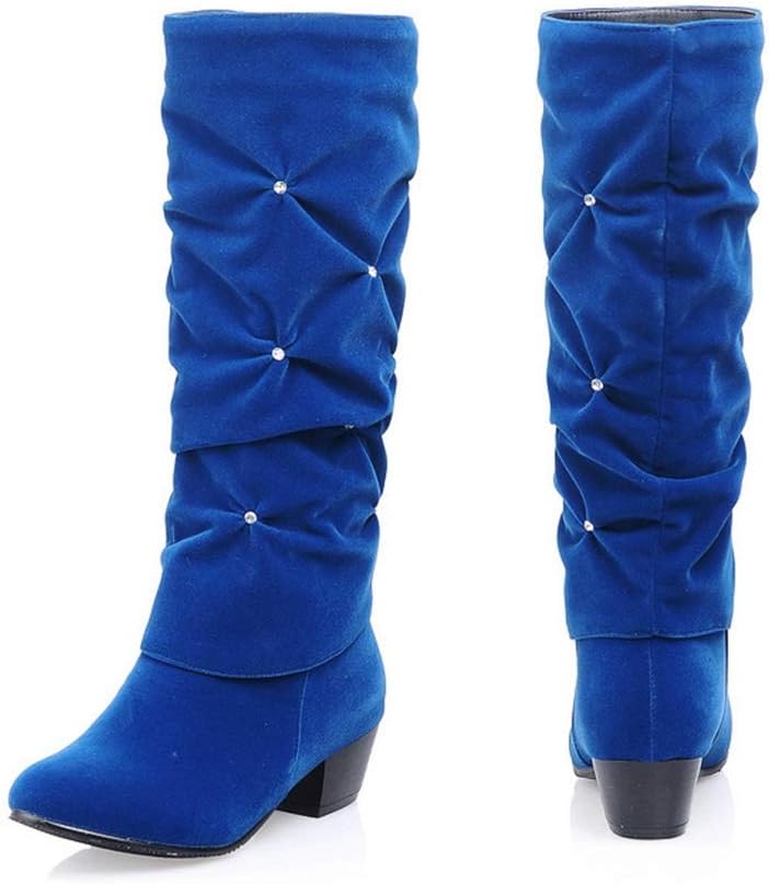 MIOKE Women's Fashion Slouch Mid Calf Riding Boots With Rhinestone Round Toe Suede Cozy Low Heel Dress Boots - Image 2