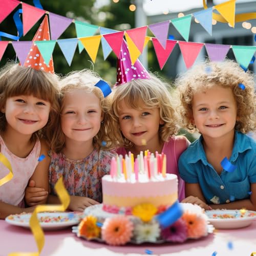 3er Set Wimpelkette Outdoor, 36 Bunte Wimpel (17,5x12,5 cm), 12 m Girlande, Wetterfeste Party Deko für Geburtstag, Gartenparty, Einschulung, Festival & Schützenfest (Regenbogenfarben)