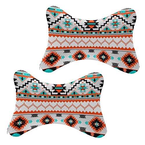 MZERSE Car Seat Head & Neck Rest Pillow - Auto Headrest Bone Shape Pillow Cushion Soft and Comfortable for Travel, 2 Piece Compatible with Indiana Western Southwest Tribal Ethnic Aztec Geometric