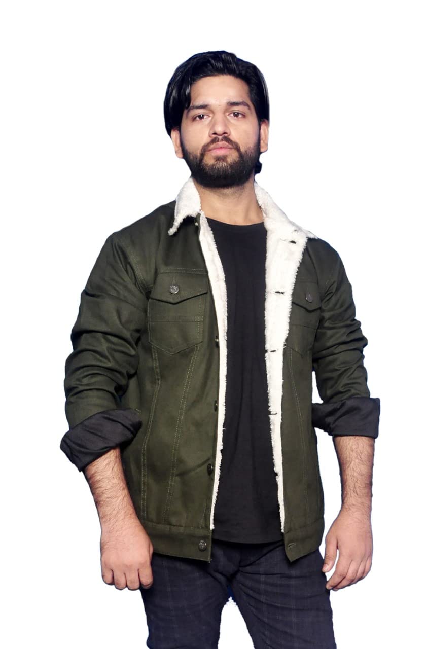 ATHRZ Men Woolen Fur Winter Full Sleeve Denim Jacket Green - Image 1
