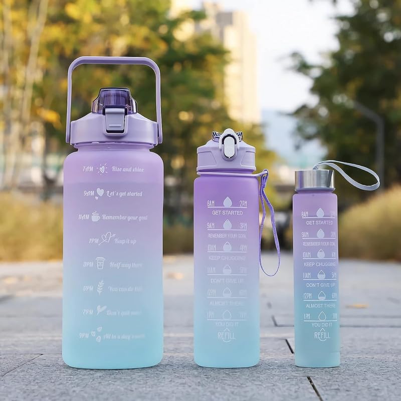 Image of MOTIVATIONAL 3-Pcs (2000ML-900ML-300ML) Water Bottle with Straw & Time Marker | Leak-Proof Sports Bottle for Gym, Office, School | Break-Resistant Silicone Bottle for Daily Hydration (Purple)