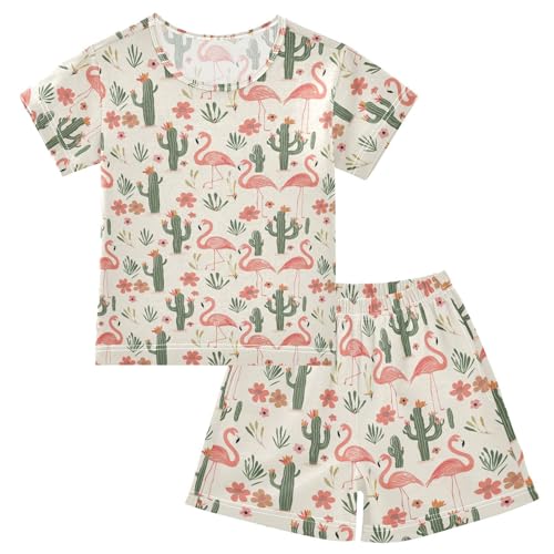 ALAZA Cactus Flamingo Pajama Set Short Sleeve Sleepwear Soft Lounge Nightwear