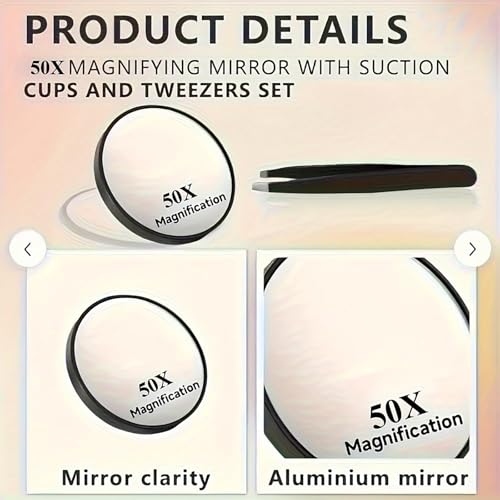Image of 50X Magnifying Mirror, 8.8 * 8.8 * 2 CM Makeup Mirror with Precision Tweezers, Round Portable Mirror for Eyebrow Plucking, Blackhead Removal, Travel Grooming