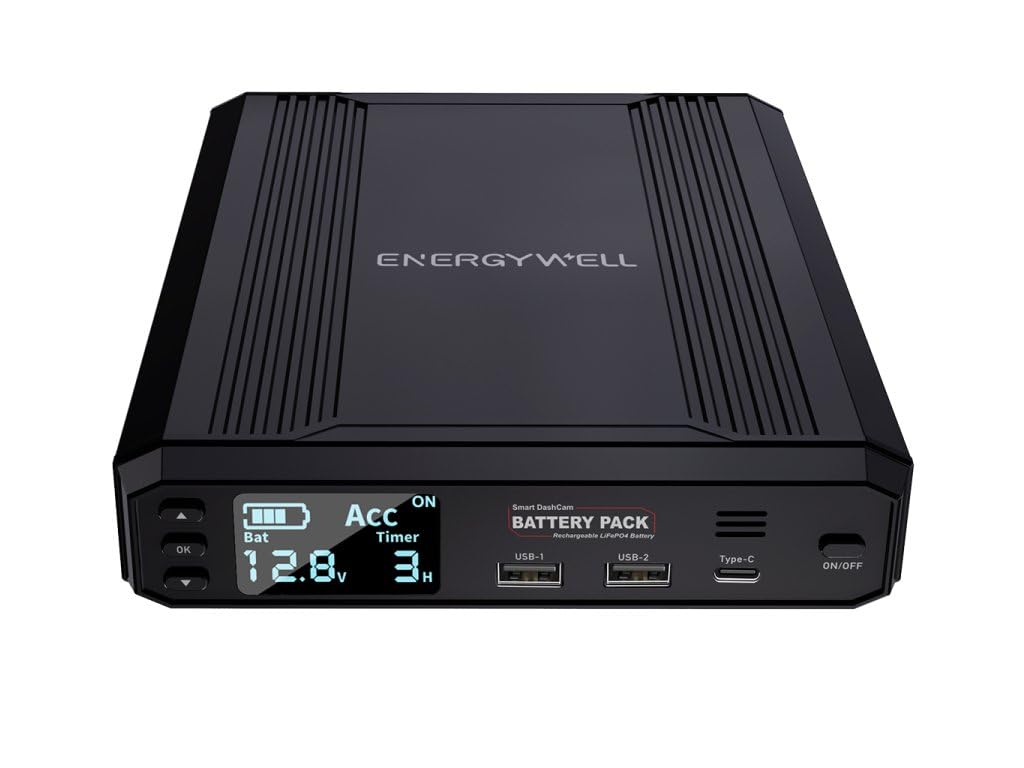Batterie Externe EnergyWell pour Dashcam | P8 (12 000 mAh) | USB x 2 + USB C | LCD Screen…