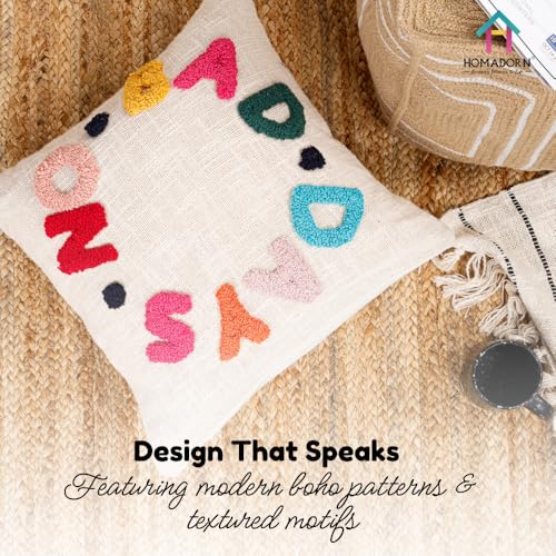 Image of HOMADORN 100% Cotton Hand Tufted Cushion Cover | Text Pattern Decorative Pillow Case | Boho Sofa Cushion Cover for Living Room | Soft & Durable | (16x16 Inches) (2, NO Bad Days Multicolor)
