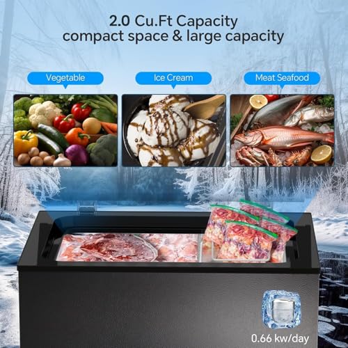 Image of Kismile 2.0 Cubic Feet Chest Freezer, Compact Deep Freezer for Home, Black | 2 Removable Basket, Adjustable Temperature, Free Standing Top Open Door, Fits Kitchen /Office /Bar