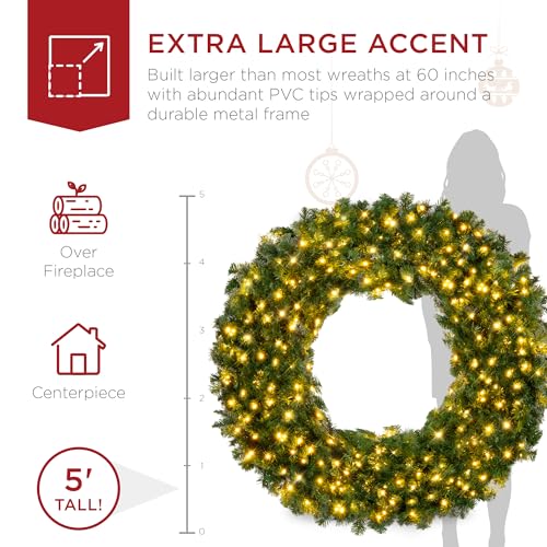 Image of Best Choice Products 60in Large Artificial Pre-Lit Fir Christmas Wreath Holiday Accent Decoration w / 300 LED Lights, 930 PVC Tips