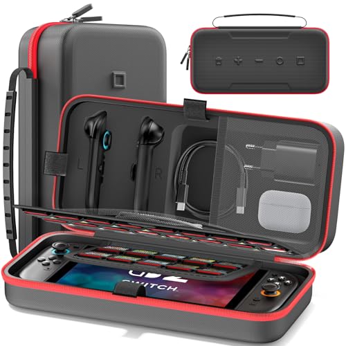 Tokluck Funda Transporte para Switch 2 Joy-con 2025/OLED 2021/2017, Bolsa de Viaje para Switch Consola & Mando Joy-con, Estuche para Nintendo Accesorios para 26 Tarjetas de Juego & Adaptador CA, Rojo