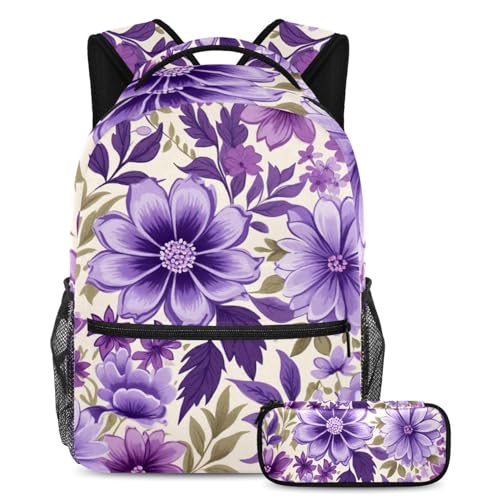 Cartable sac à dos ado violet imprimé fleurs avec trousse pour fille et garçon
