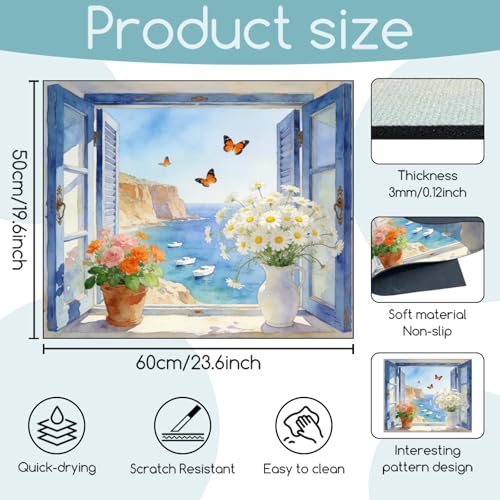 GLOBLELAND Sommer Fensterblick Waschmaschinenauflage 60x60cm Blumen Schmetterlings Schnelltrocknend Trockner Auflage Zuschneidbare Universal Waschmaschinenabdeckung für Waschmaschine Trockner Bäder