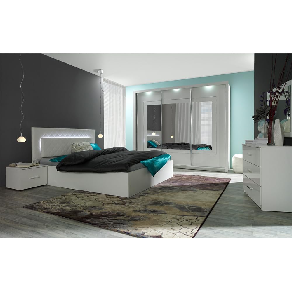 Lomadox Schlafzimmer Set 5-teilig mit Bett 180x200cm, 2 Nachttische, Schwebetürenschrank 208cm, Kommode in weiß Hochglanz