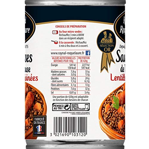 SAUCISSES TOULOUSE AUX LENTILLES CUISINÉES 420G, RAYNAL ET ROQUELAURE, LOT DE 4