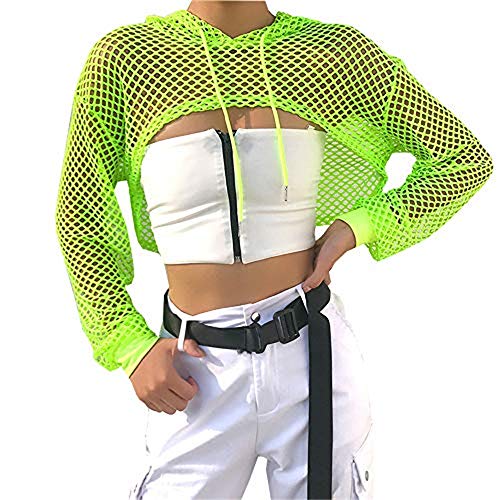 Smile Fish Women Casual Sexy 80s Costumes Concert Fishnet Neon Crop Hoodies T-Shirt (S, Neon-Green)