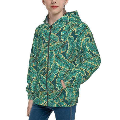 Gold and Green Tropic Leaves Kids Pullover Hoodies Boys Zip Up Sweatshirts Girls Athletic Clothes with Pocket