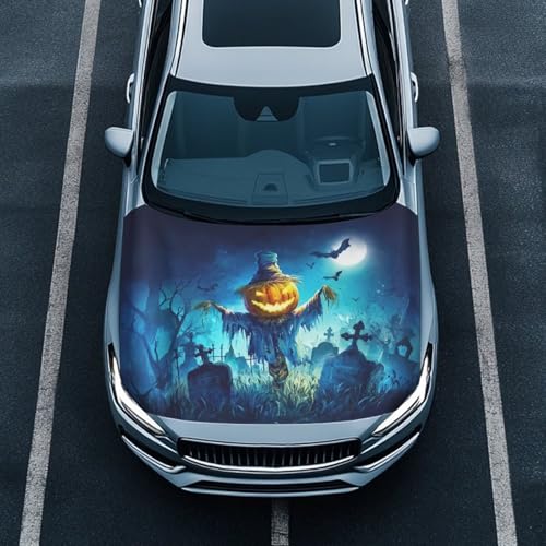 Image of Pumpkin Head Scarecrow Print Car Hood Cover Waterproof Car Hood Protector Stretchable Halloween Automotive Outdoor Decorations for Compact Sedans SUV Trucks (59x39 Inch)
