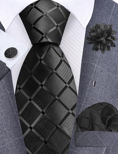 Image of GUSLESON 3.15 inch(8cm) Mens Tie and Lapel Pin Plaid Checkered Necktie Hankerchief Cufflinks Set for Men