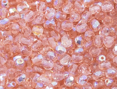 100 pcs of Faceted Fire Polished Pressed Czech Glass Beads 4mm (0.16in), 70120-28701 Pink Rosaline AB, 4 mm, 100 pcs
