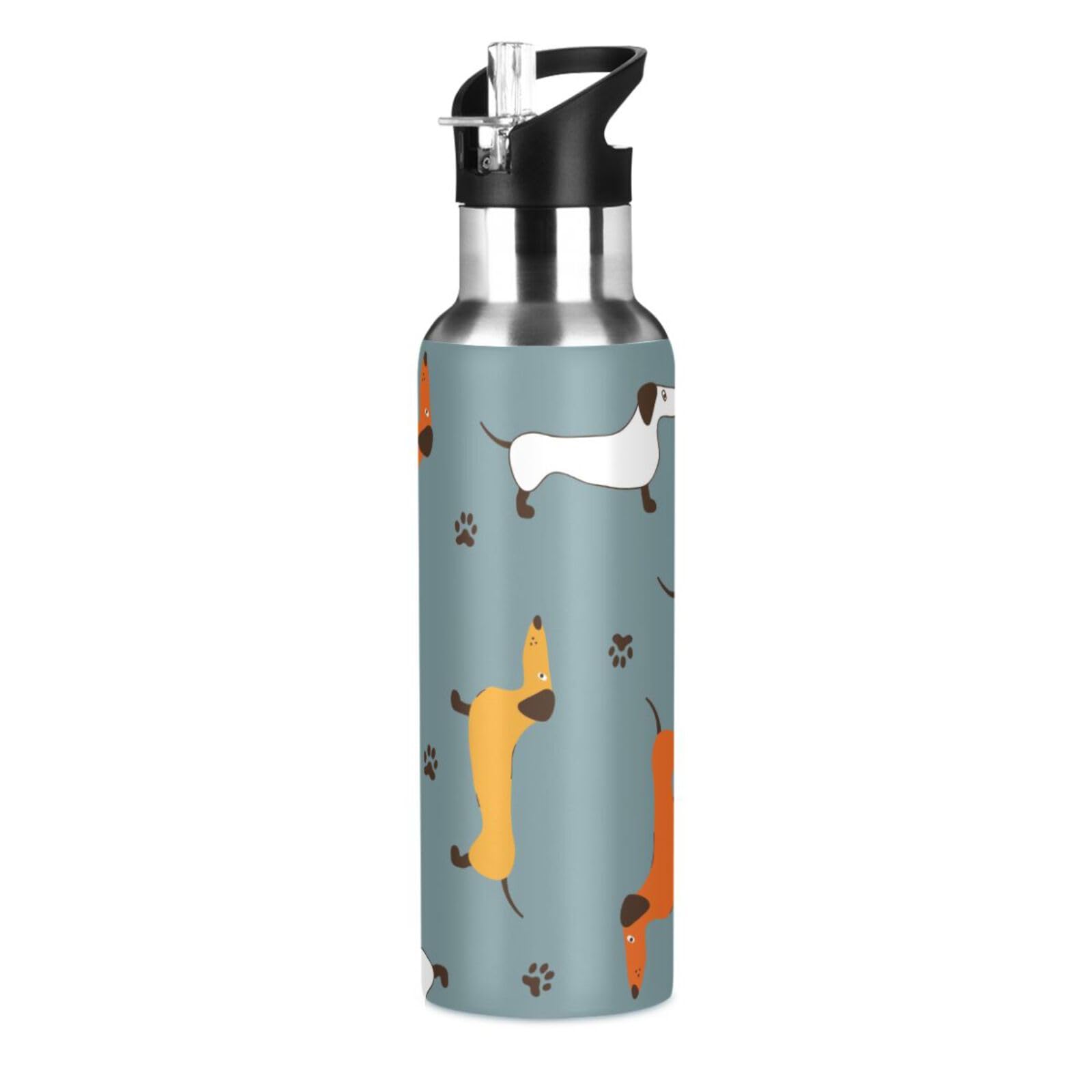 Botella de agua de perro salchicha con tapa de popote, botella térmica de acero inoxidable para niños y niñas, gimnasio, deportes, a prueba de fugas, 600 ml