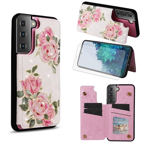 Étui Samsung S21 5G Asuwish - Portefeuille en cuir avec protège-écran verre trempé et porte-cartes