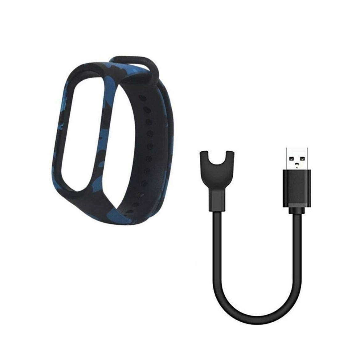 BKN® Silicone Camouflage Army Style Band Strap Combo Compatible with Xiaomi Mi Band 3 & 4 Pack of 3 (Army Blue & Charger)