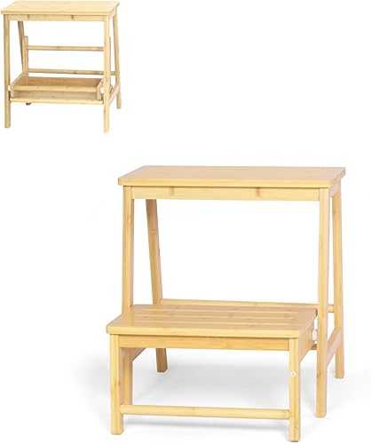 Miniatura 1 de Taburete plegable de bambú para escalar, escalera de 2 escalones, silla multifuncional con estructura resistente, almohadillas antideslizantes,