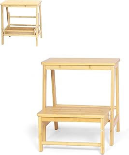Bamboo Folding Climbing Step Stool, 2 Step Ladder Multi-Functional Stair Chair with Sturdy Structure, Non-Slip Step Pads, Wide Stepping Surface for Safety, Simple Folding Stool for Bathroom, Kitchen