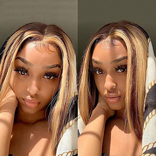 Blonde Ombre Highlight Short Bob Wig Human Hair Straight T part Lace Bob Wigs Highlight 4x1 Lace Closure Bob Wig Middle Part 4/27 Brown Blonde 12 Inch
