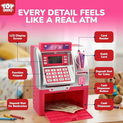 Image of TOY Life Pink Kids ATM Piggy Bank, Money Counter, Ages 5-10