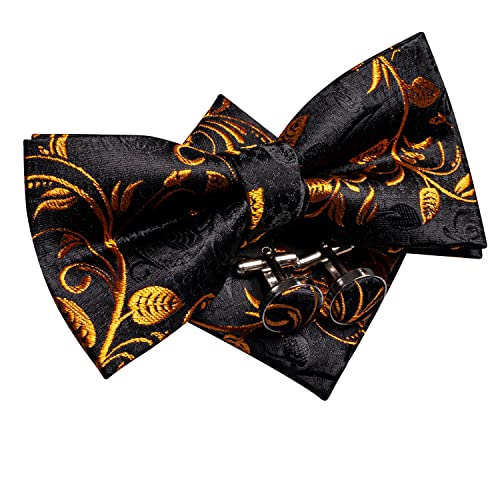 Image of Hi-Tie Pretied Bow Ties for Men Wedding Formal Bow Tie Handkerchief Cufflinks Lapel Pin Set Party Formal Mens Bowtie Set, Black Orange Floral, Medium