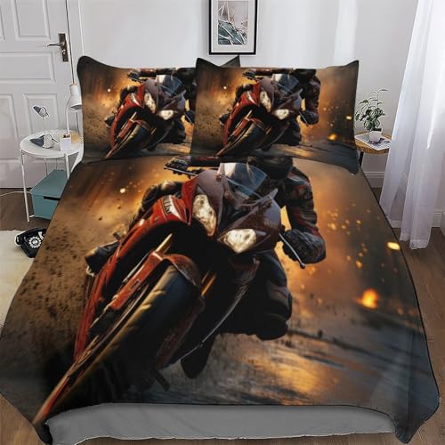 AAPZY Juego de funda de edredón con estampado 3D de motociclistas y fundas de almohada, ropa de cama de microfibra cepillada suave para niños, niñas y adolescentes, funda de edredón doble (200 x 200
