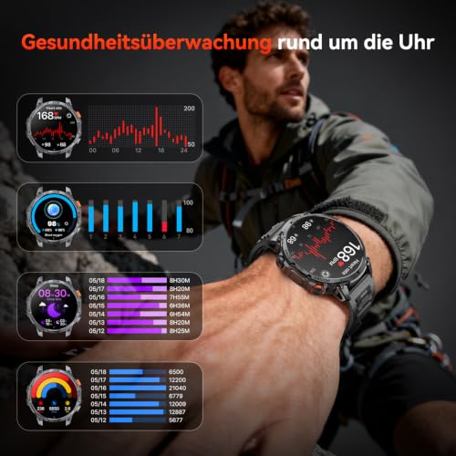 Militär Smartwatch Herren, 1400-mAh-Akku/2 Armbänder/Kompass/Taschenlampe – Ansicht 6