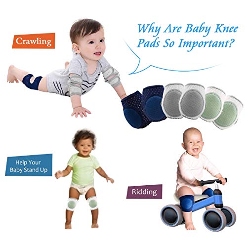 Baby Knee Pads for Crawling, Crawling knee pads for babies,Adjustable Anti Slip Breathable for Crawling Toddling(Unisex-3 sets,blue+grey+green,Size M)2