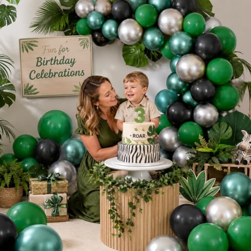 Image of Green Black Balloons Metallic Green Silver Balloons for Graduation Party Decorations Jungle Wild Theme Birthday Decor 60PCS 12INCH Green Black Silver Helium Latex Balloons