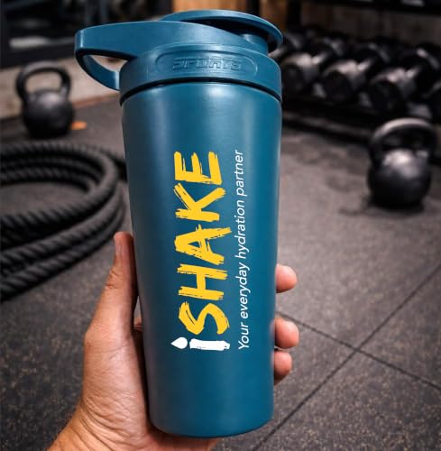 Image of Stainless Steel Protein Shaker Bottle, 100% Leakproof Metal Gym Shaker, Durable Steel Gym Sipper Bottle for Smooth Protein Mixing with Measurement, 700 ml Capacity (Teal Blue)