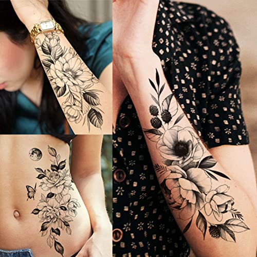 61 Sheets 3D Snake Flower Temporary Tattoos For Women Girls Neck Arm, 12 Sheets Realistic Floral Fake Tattoo Stickers Thigh, Waterproof Temp Transfer Tatoo Adults Rose Sunflower Butterfly