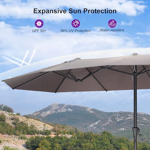 Image of PURPLE LEAF Outdoor Umbrella 14ft with Base and Solar Lights, Light Grey