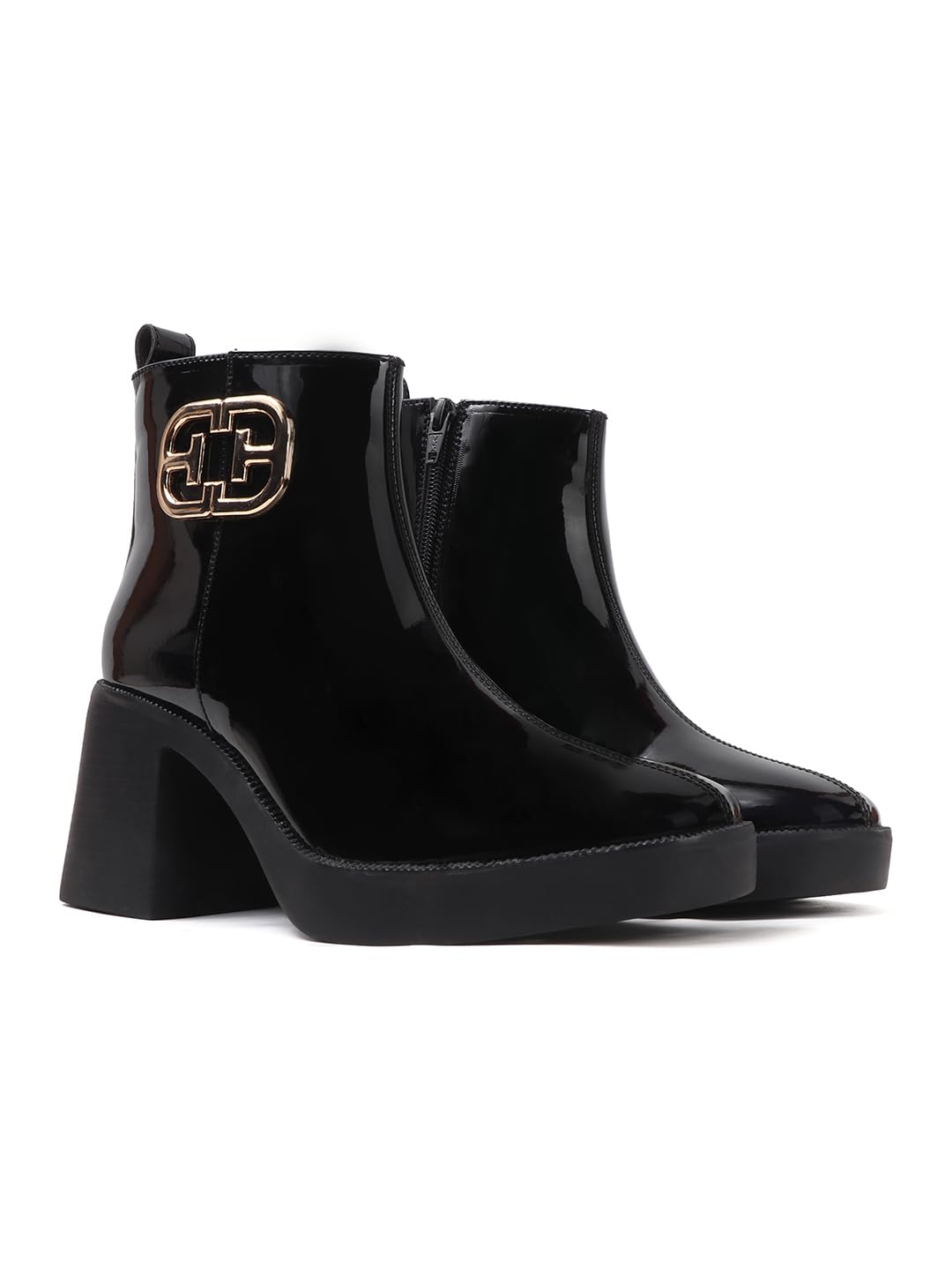 Women's Glossy Platform Ankle Bootie Chunky Heel with Gold-Tone Emblem-image-48