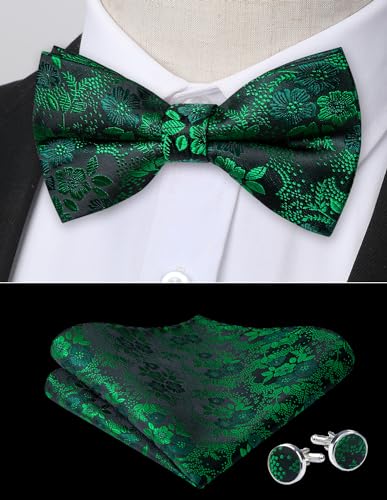 Image of HISDERN Bow Ties for Men Pre-Tied Bow Tie Floral Paisley Handkerchief Classic Formal Bowtie and Pocket Square Cufflinks Set