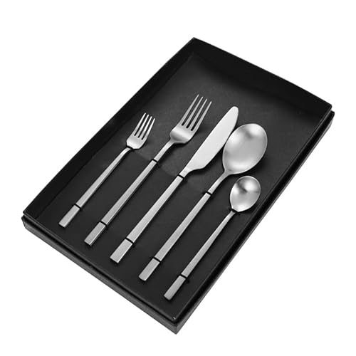 OLSKFUH Cutlery Flatware Cutlery Set, 5/20/30/40 Pieces Stainless Steel Knives, Forks And Spoons, Matte Square Handle Steak Knives And Forks, Dessert Spoons And Forks, Cutlery Gi,Silver-8Set-40Pcs